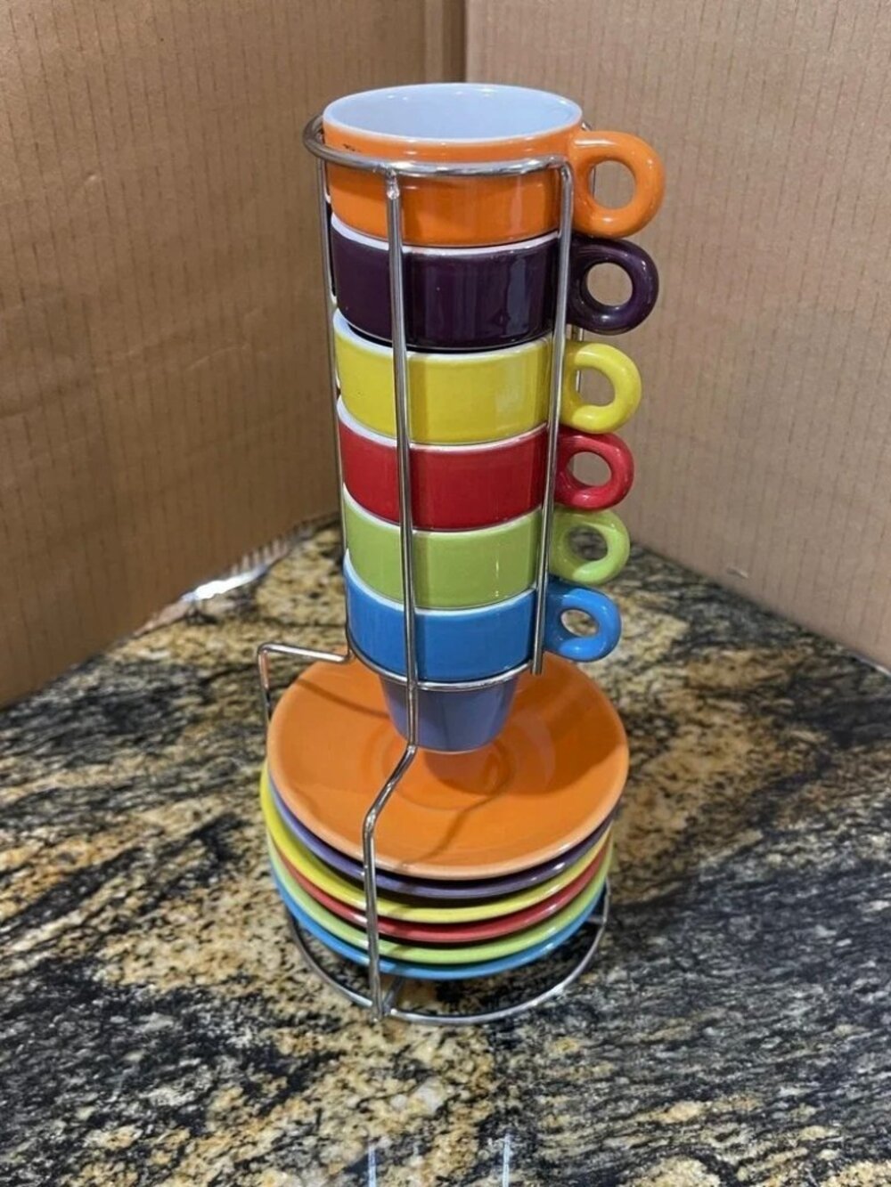 Pier 1 Imports Stoneware Espresso Cups Saucers‎ Set of 6 Stackable Metal Stand